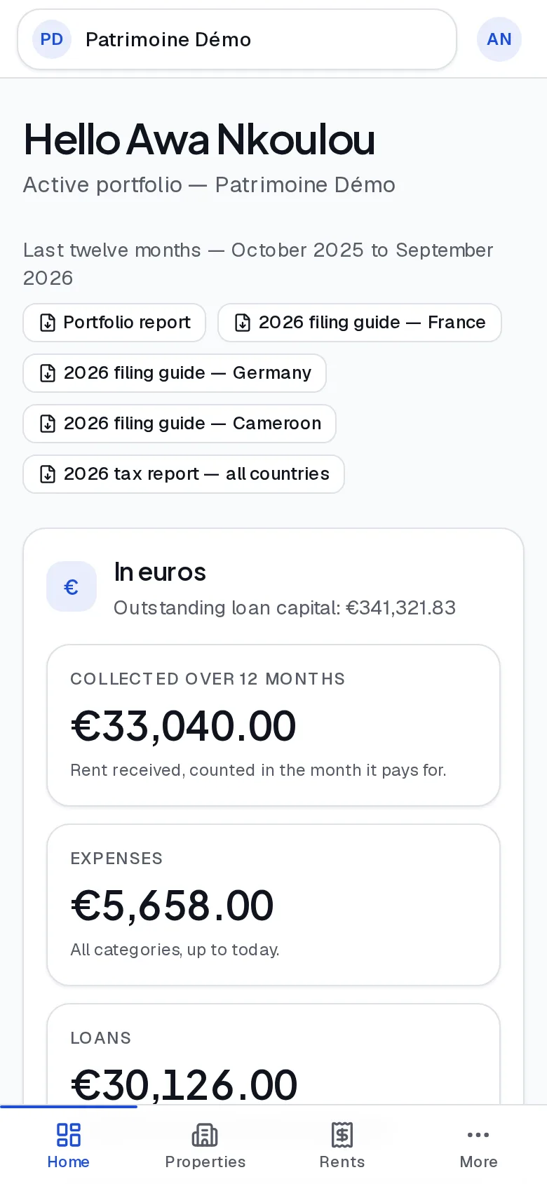 Patrimo on a phone: the dashboard