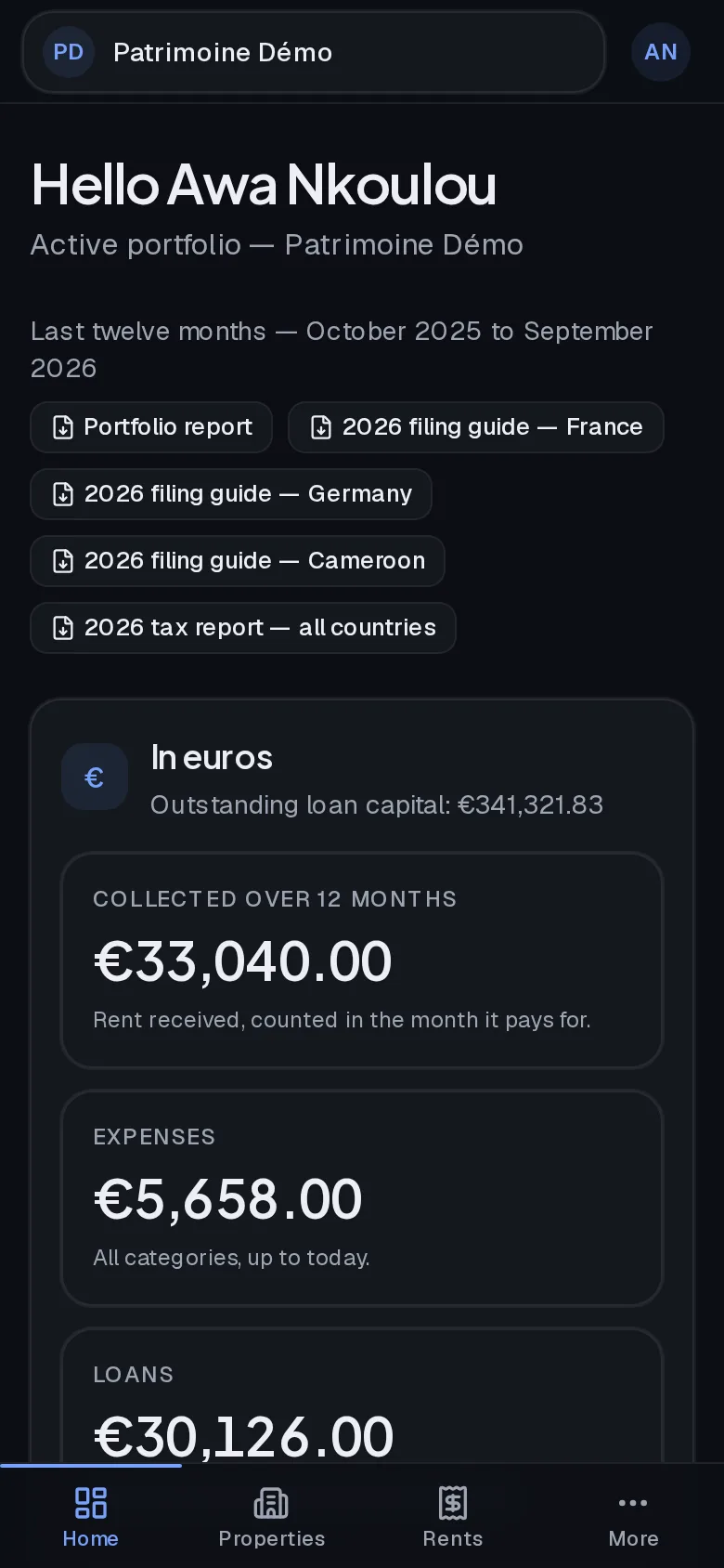 Patrimo dashboard: totals by currency, month’s rent, and upcoming instalments
