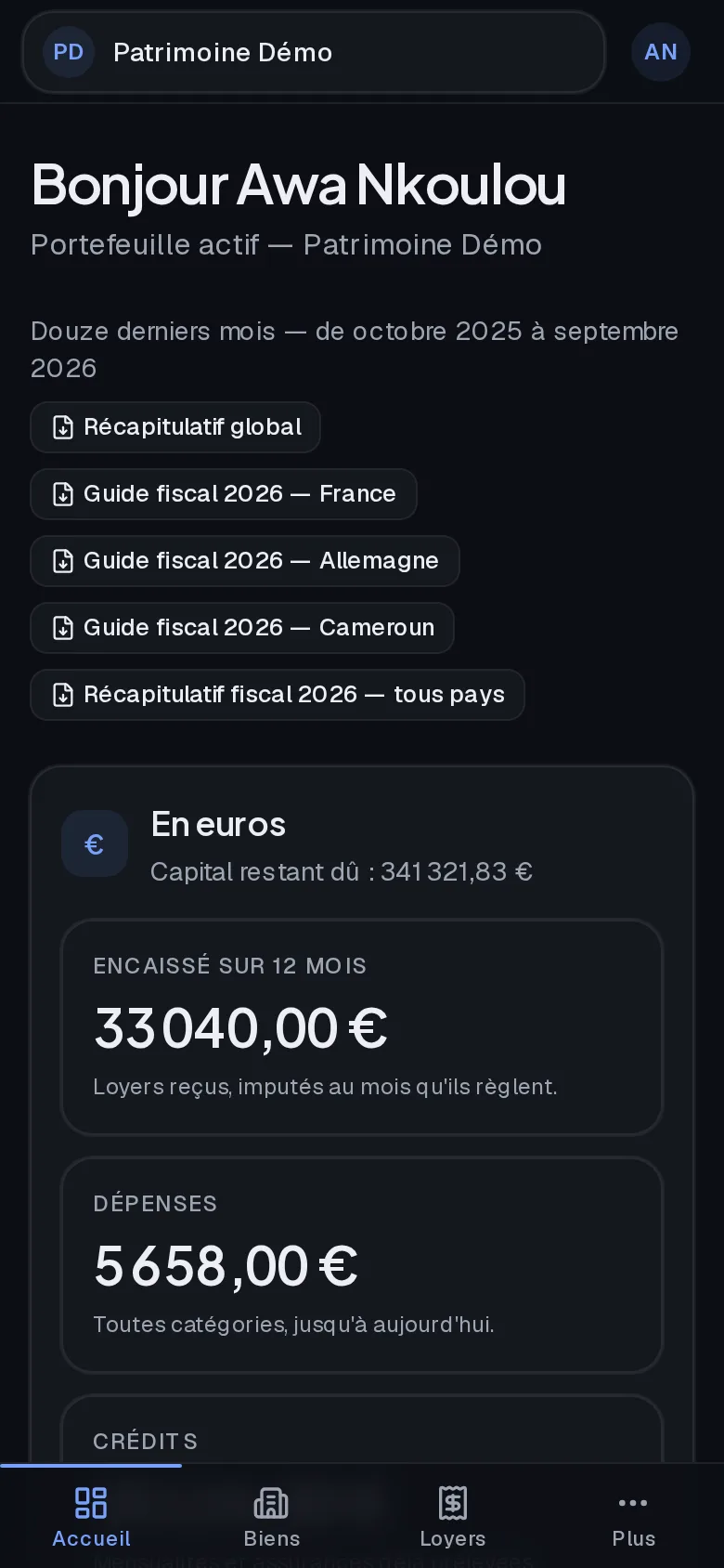 Tableau de bord Patrimo : totaux par devise, loyers du mois et prochaines échéances
